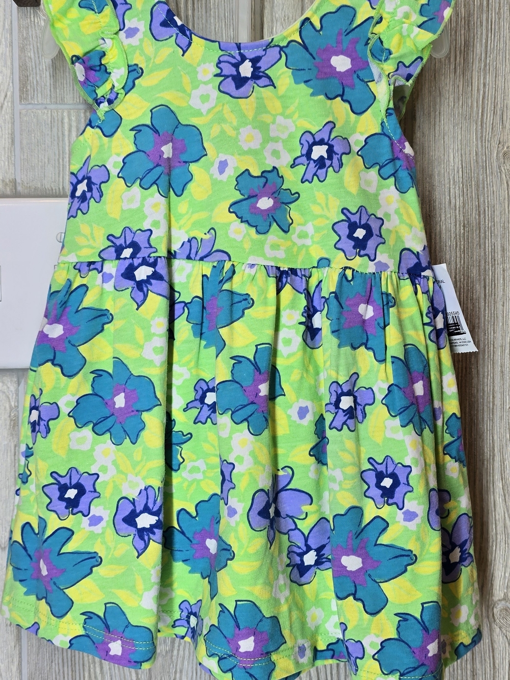 Kidgets Lime Green Floral Flutter-Sleeve Dress with Teal & Purple Blooms
